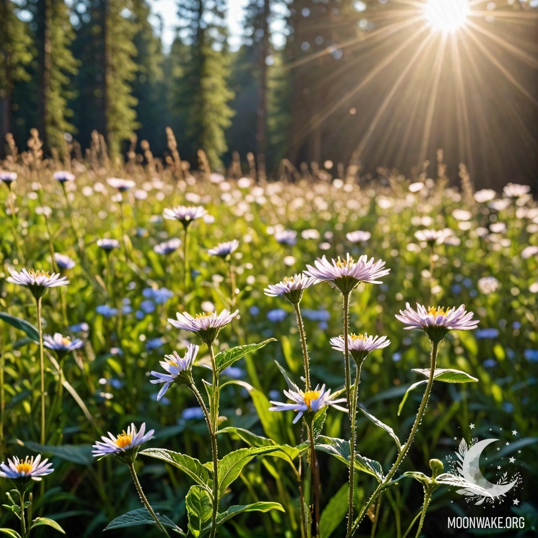 Close-up of delicate field flowers set against a blurred forest background with sun rays filtering through.