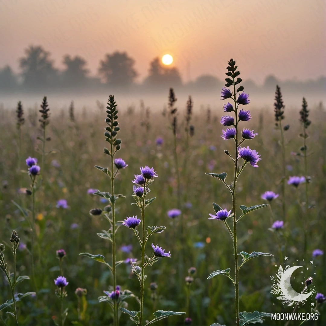 Close-up of delicate field flowers against a bokeh sunset in heavy mist.