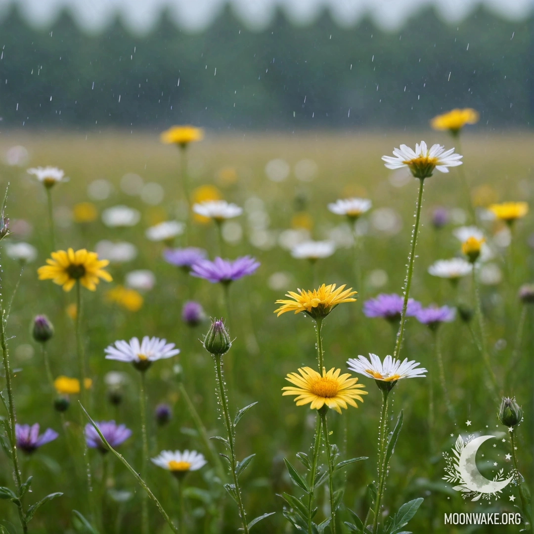 Close-up of delicate flowers in a field with a blurred background of a rainy sky.