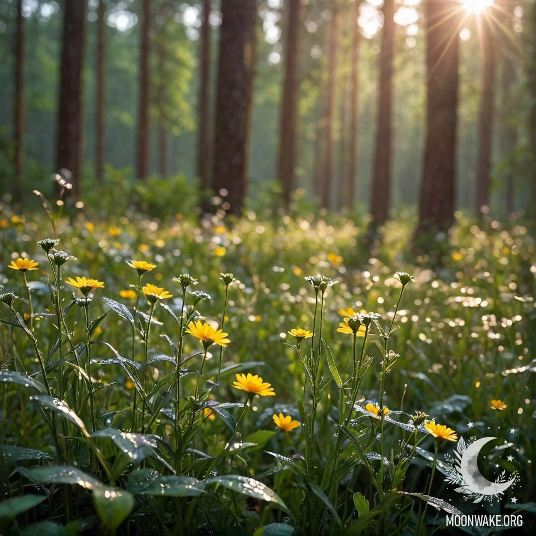 Close-up of delicate field flowers with a blurred forest background and soft sun rays during rain.