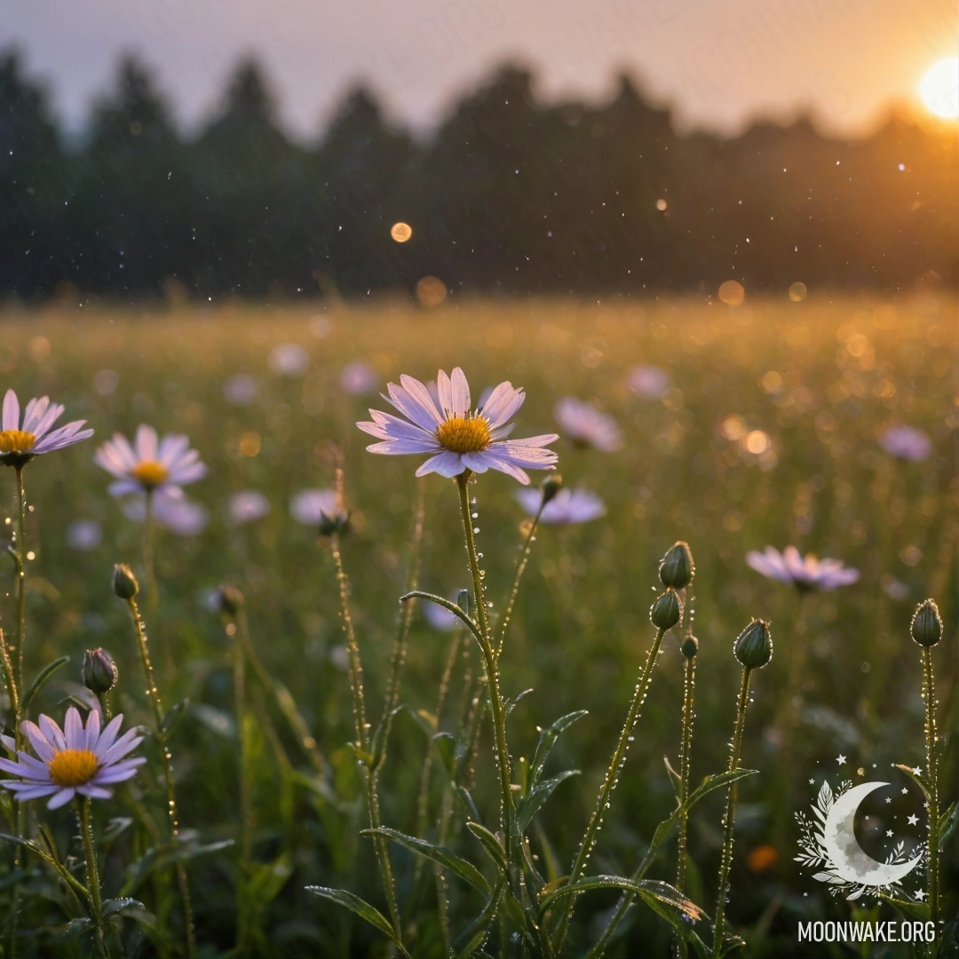 Delicate Field Flowers at Sunset Close-up of delicate field flowers against a bokeh sunset, with raindrops glistening.
