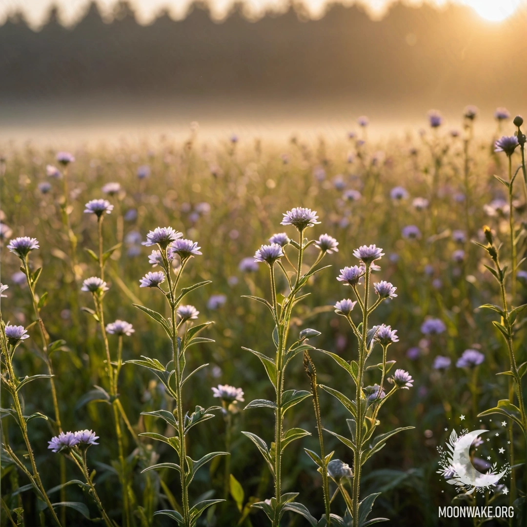 Close-up of sweet field flowers with a bokeh background and fog during sunset, illuminated by sun rays.