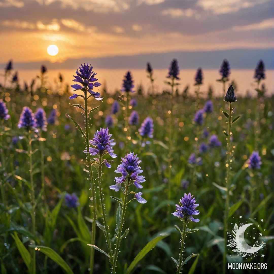 Close-up of delicate flowers in a field against a bokeh sunset with raindrops.