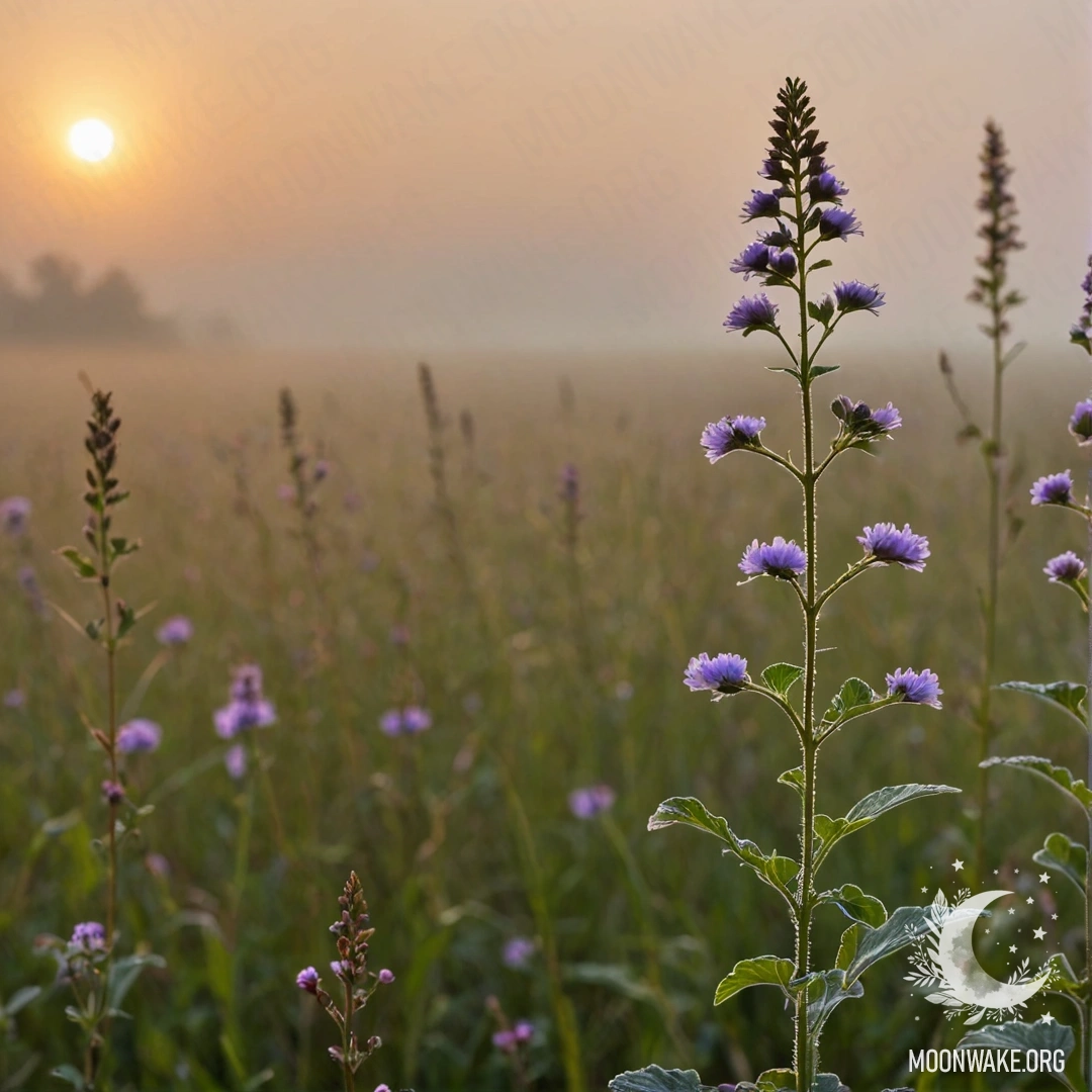 Delicate Field Flowers at Sunset Close-up of delicate field flowers against a blurred sunset background shrouded in thick mist.