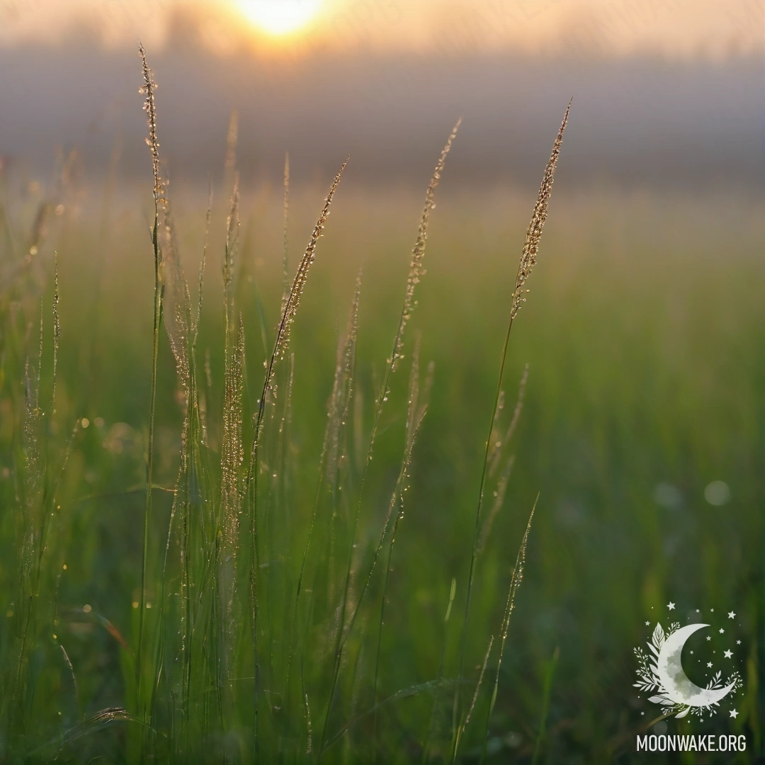 Close-up of field grass against a bokeh sunset with heavy fog.