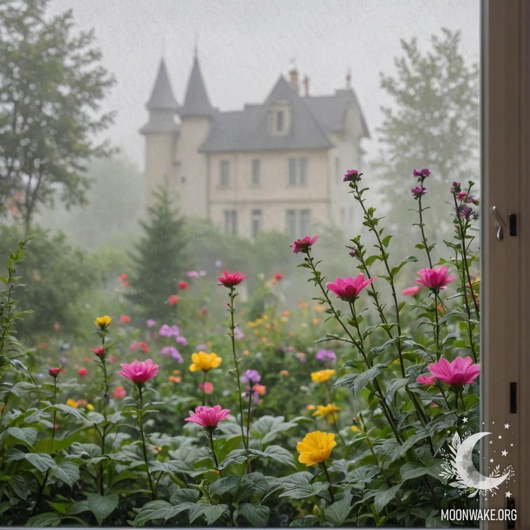 A close-up of a floral printed curtain with a blooming garden visible through a window behind it, shrouded in thick fog.