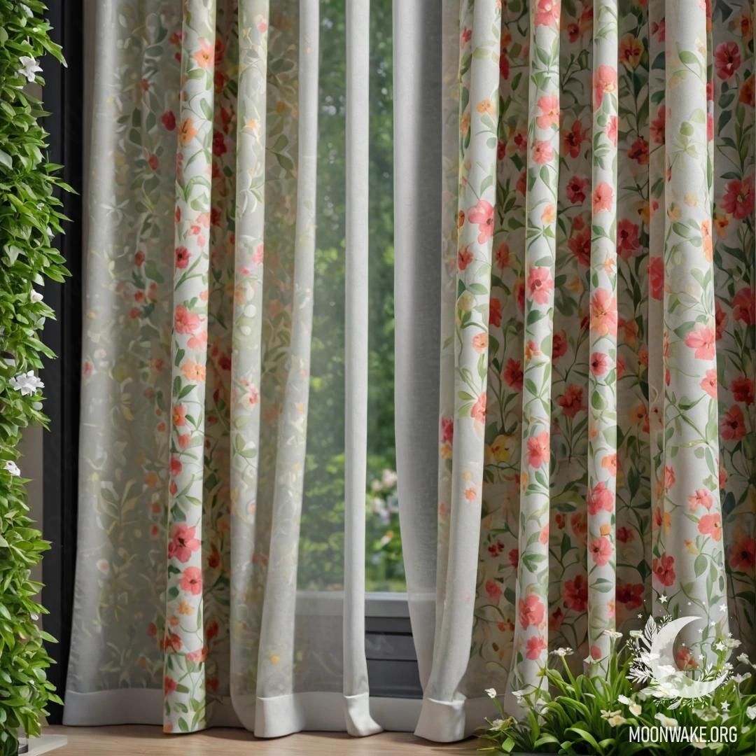 Close-up of a floral curtain with a window view of a blooming garden.