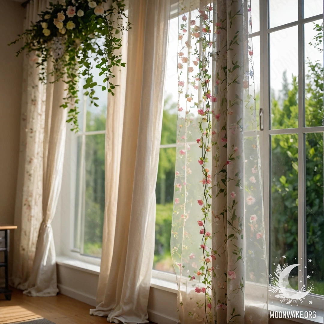 A close-up of a floral printed curtain with a blurred garden view behind it.