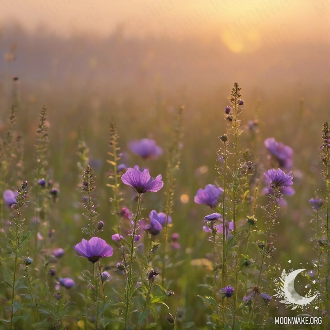 Close-up of sweet field flowers with a soft bokeh background, enveloped in fog during sunset.