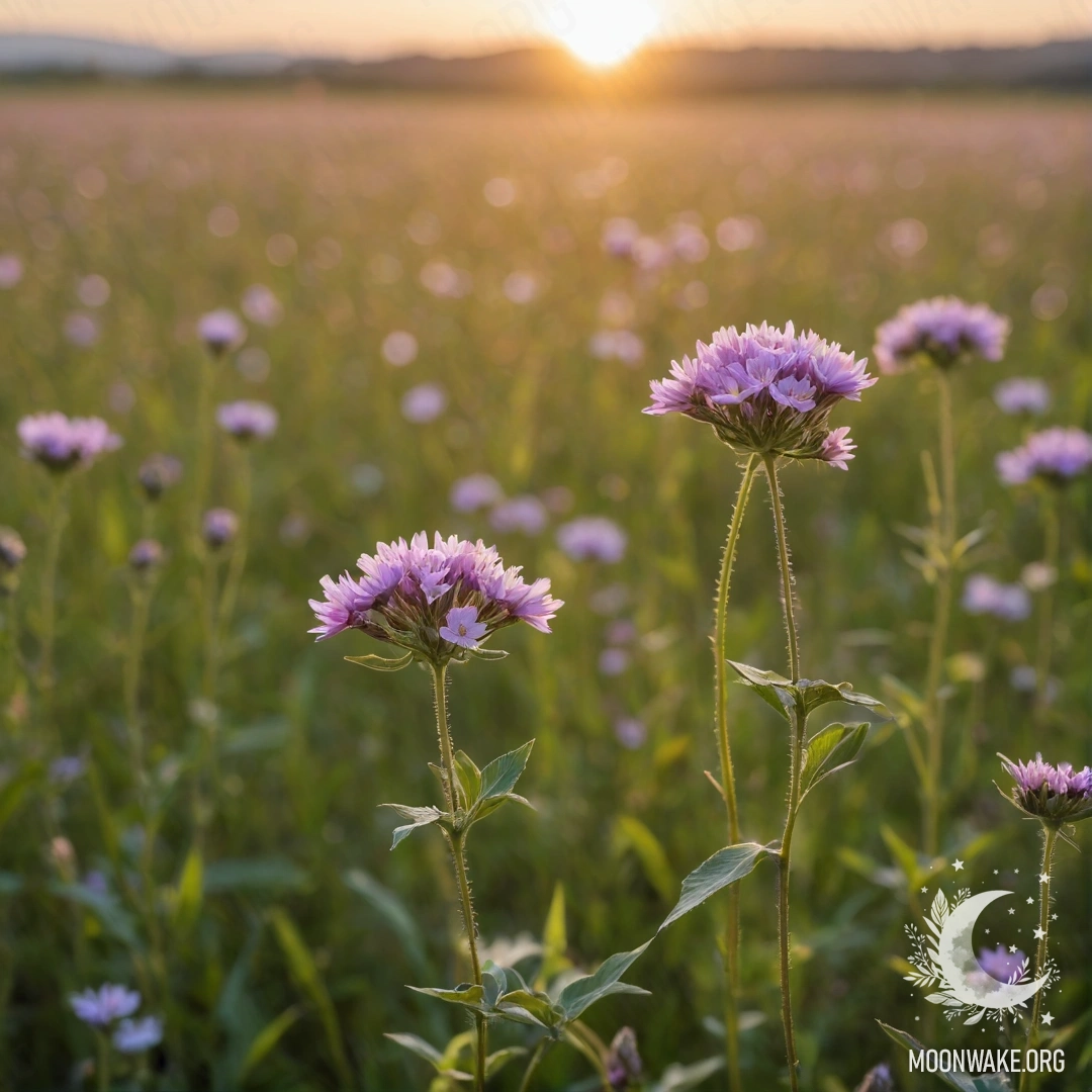 Delicate Flowers at Sunset A close-up of minimalistic field flowers against a blurred background of flowers at sunset, capturing intricate details.