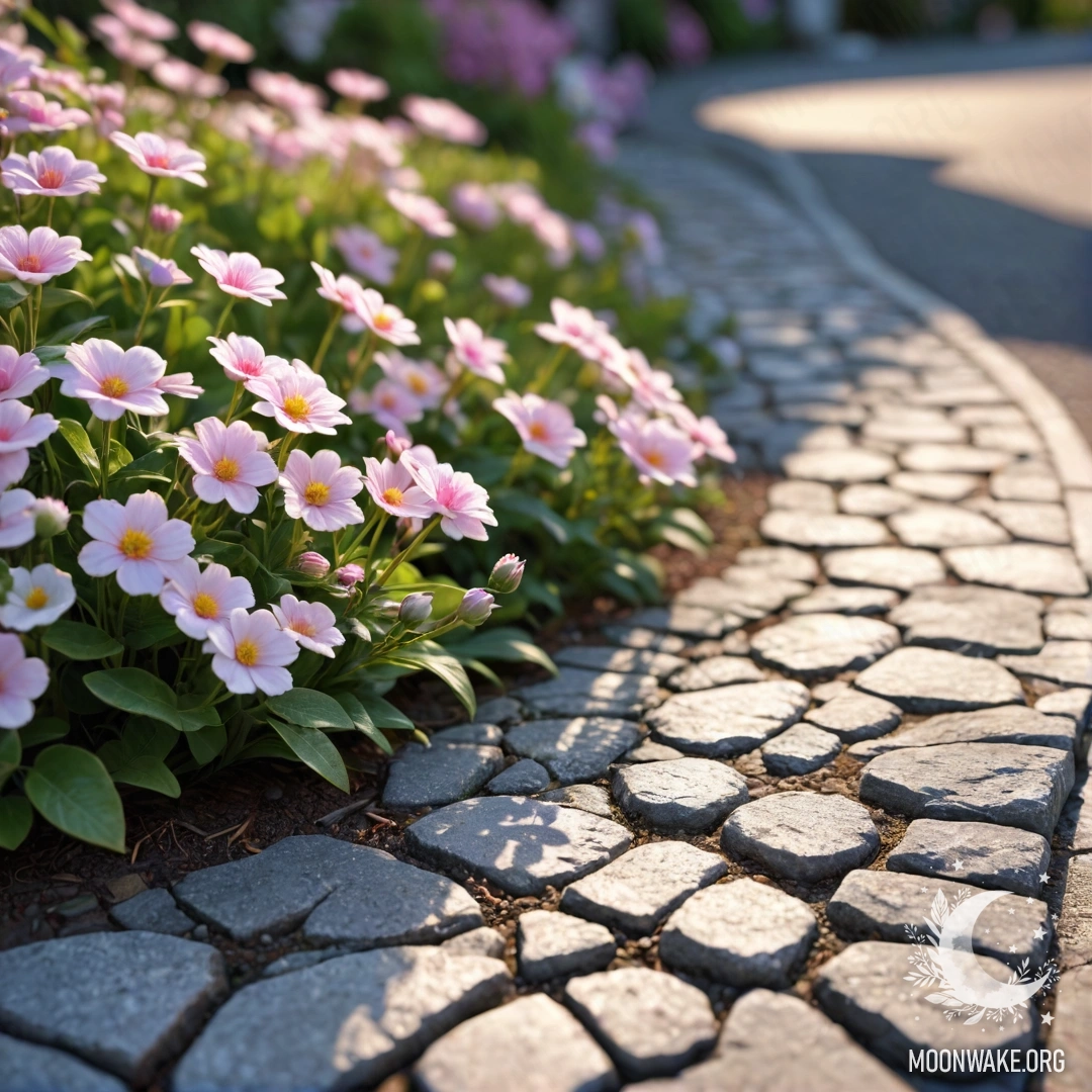 Delicate Flowers at Sunset A shabby stone curb adorned with small white and pink flowers, illuminated by the warm hues of sunset.