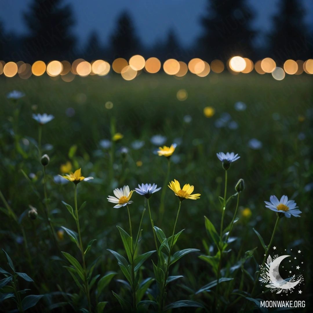 Delicate Flowers in a Bokeh Nightscape Close-up of field flowers against a blurred forest background at night.