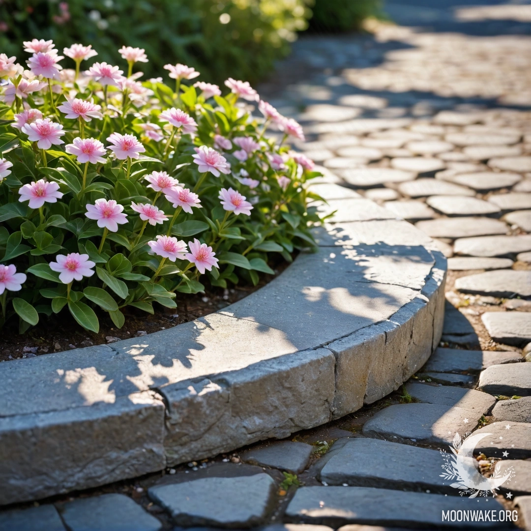 A shabby stone curb with small white and pink flowers growing behind it, illuminated by sun rays.