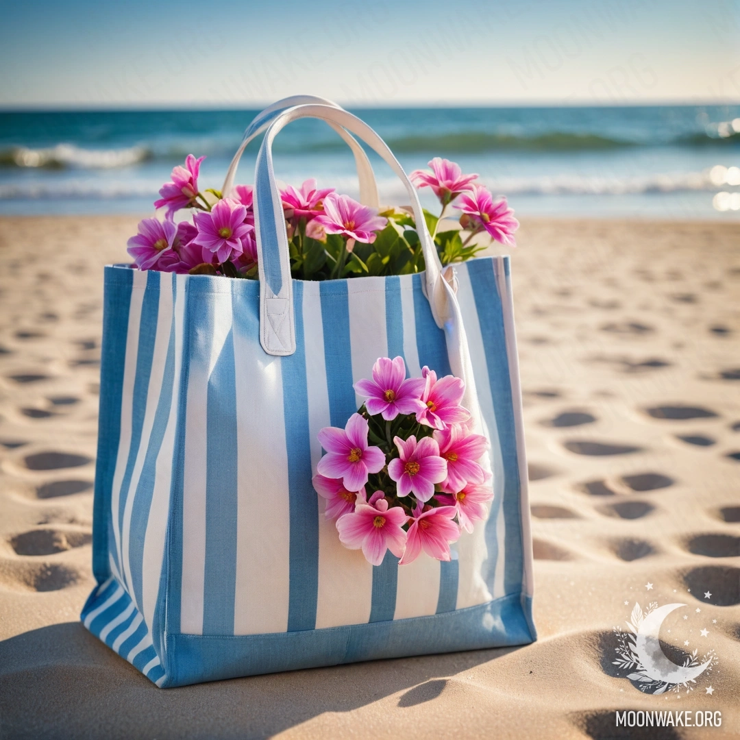 A white and blue striped fabric bag filled with pink flowers on a sandy beach, with the blue sea and sky at sunset in the background.