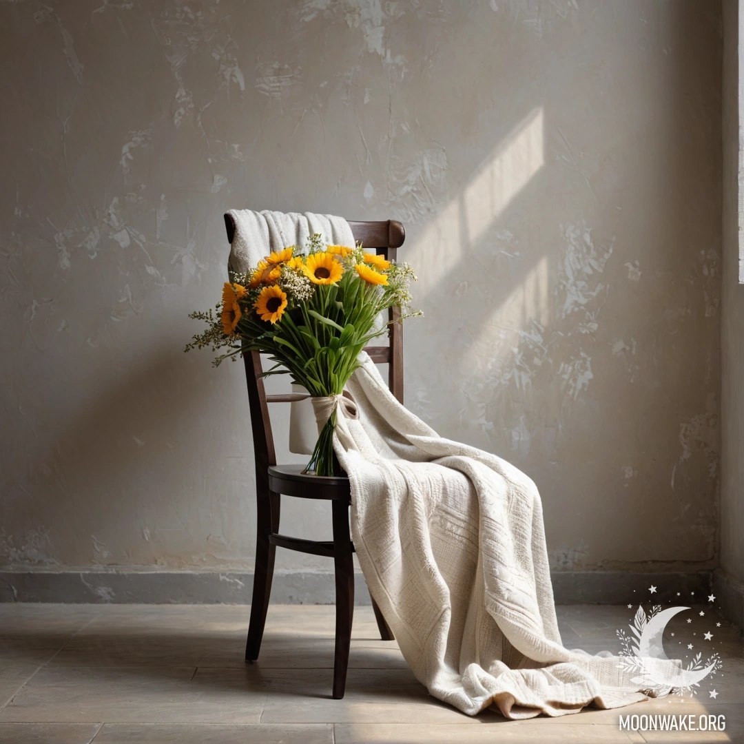 A minimalist chair adorned with a cozy blanket and a bouquet of flowers, set against a shabby wall with sun rays illuminating the scene.