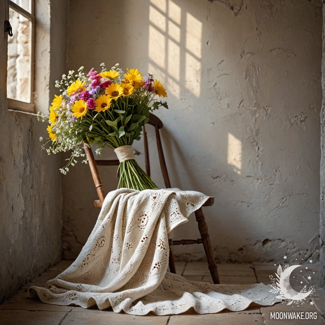 A chair with a blanket and a bouquet of flowers on it, set against a shabby wall.
