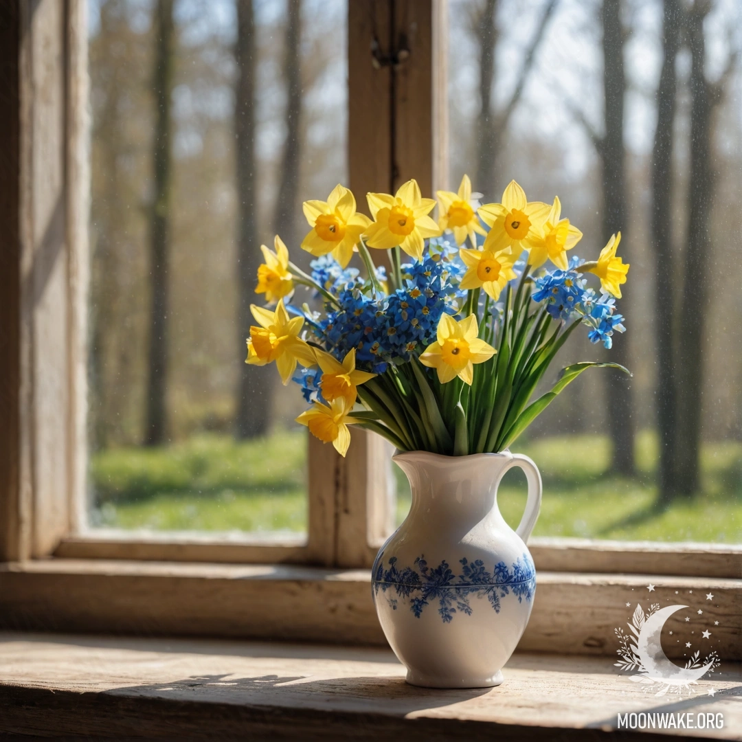 A white porcelain vase with daffodils and forget-me-nots on a rustic wooden window sill.