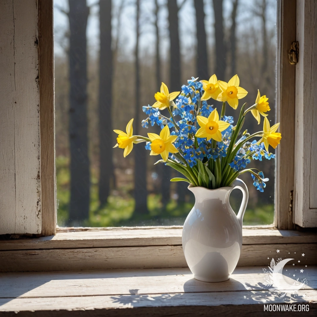 A shabby wooden window sill adorned with a white porcelain vase holding daffodils and forget-me-nots, illuminated by sun rays.