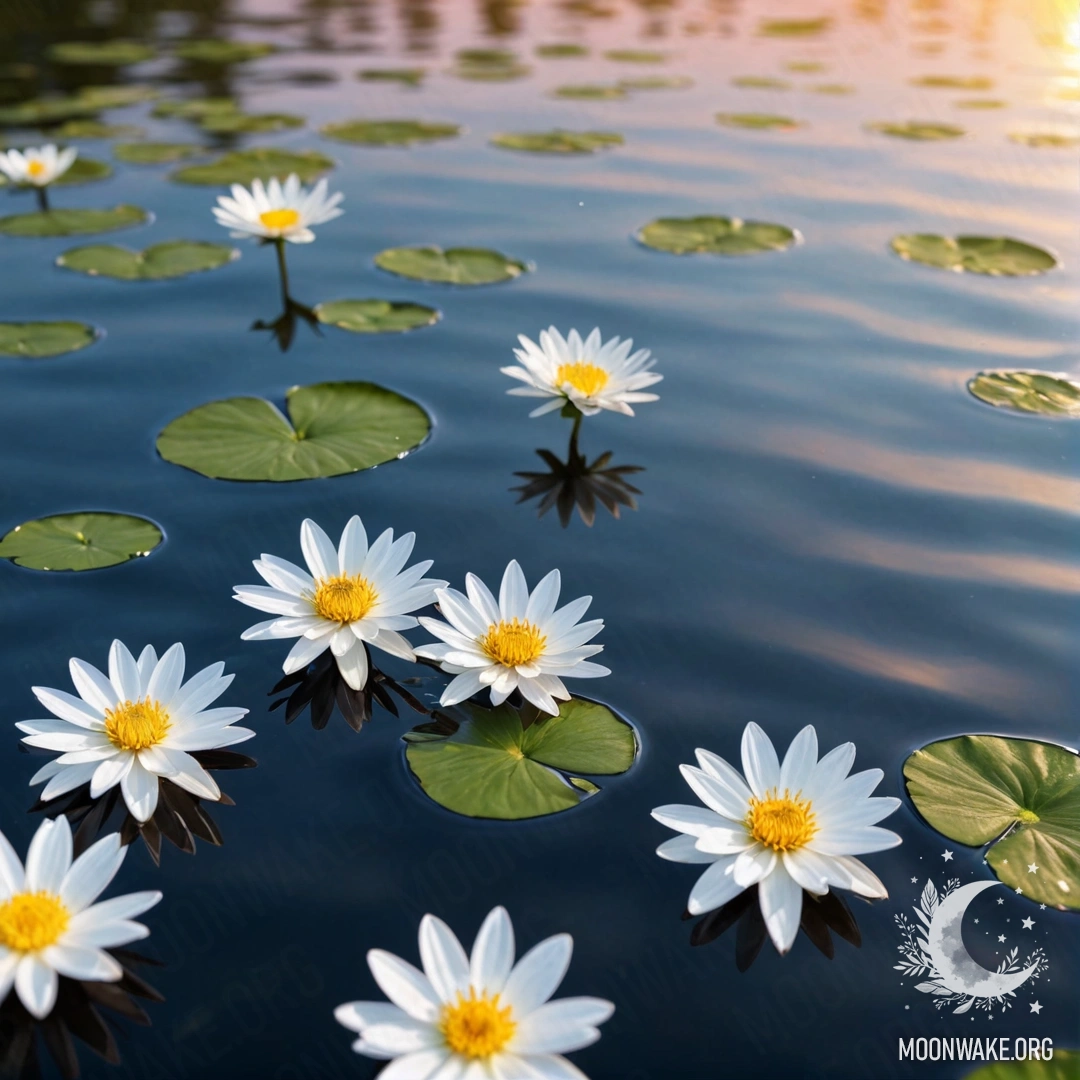 A serene image of sweet white flowers floating on a calm water surface during a sunset.