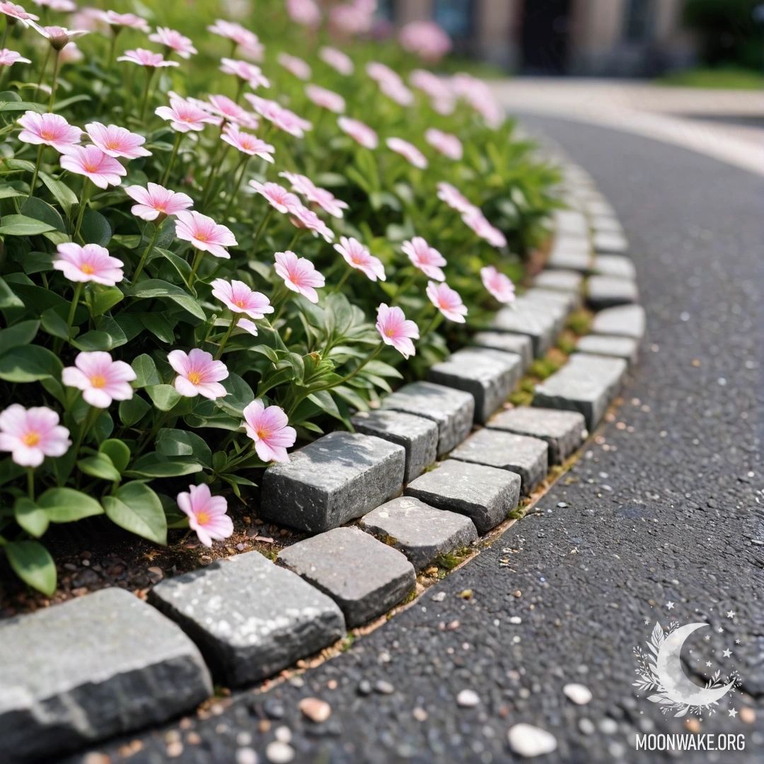 Delicate Flowers by the Shabby Curb A shabby stone curb with small white and pink flowers growing behind it.