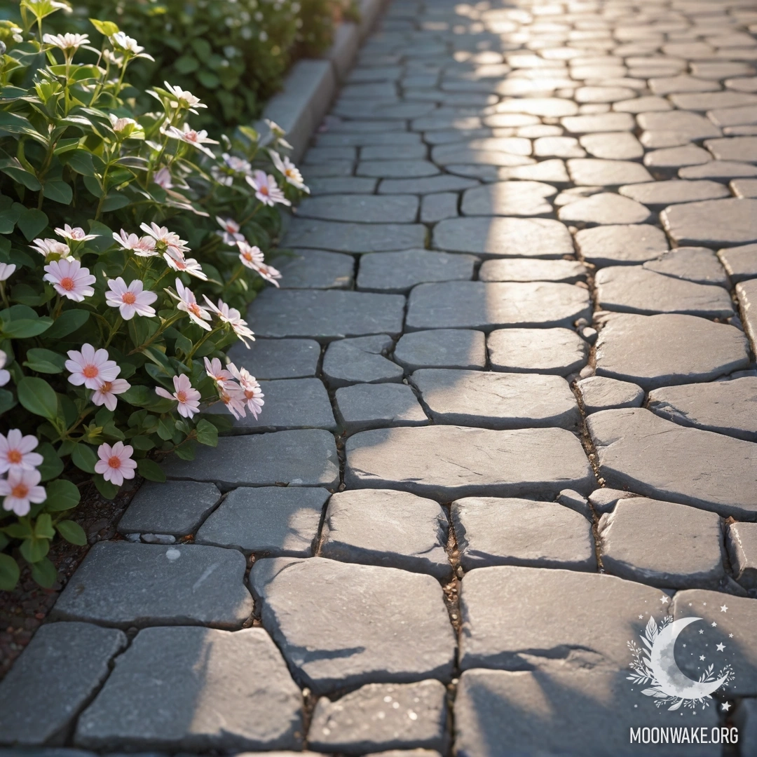 Delicate Flowers by a Shabby Stone Curb A shabby stone curb with small white and pink flowers growing behind it, illuminated by sun rays.