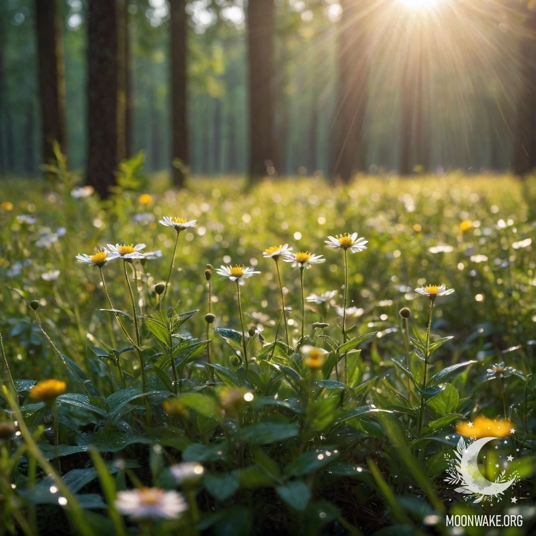 Delicate Flowers in Sunlit Forest Close-up of sweet field flowers with a bokeh forest background illuminated by sun rays.