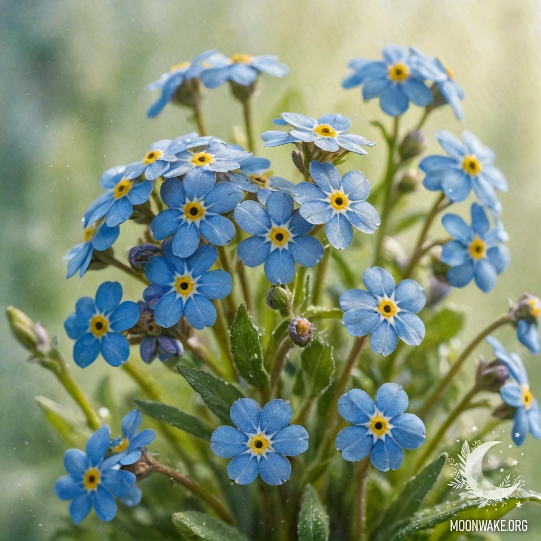 Delicate Forget-Me-Nots in Fog A gentle bouquet of greenish-blue forget-me-nots surrounded by fog and sunlight.