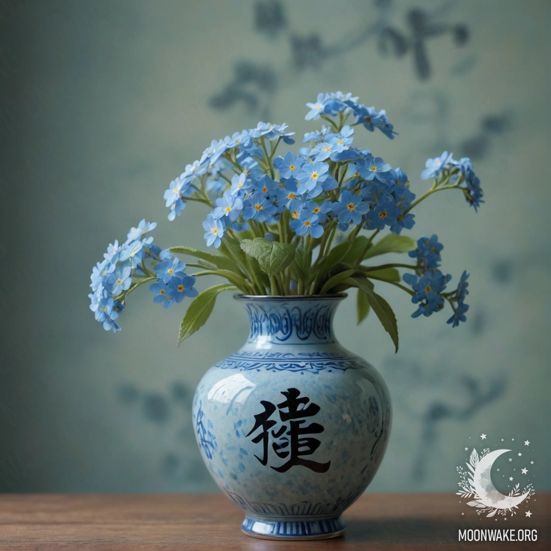 A vase holding delicate forget-me-nots in a misty setting with greenish-blue tones.