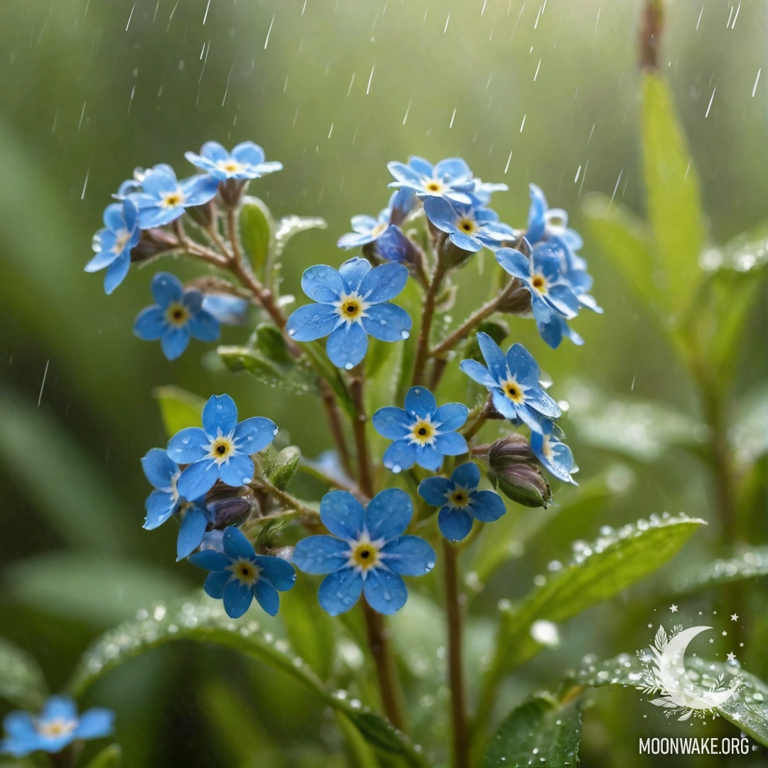 Soft blue forget-me-nots surrounded by mist and raindrops with sunlight filtering through.