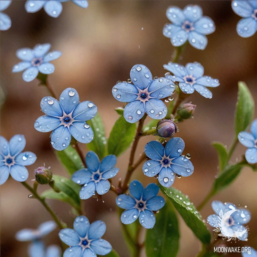 Delicate Forget-Me-Nots with Dew Drops A beautiful watercolor painting of forget-me-nots with dew drops on a coffee-colored background.