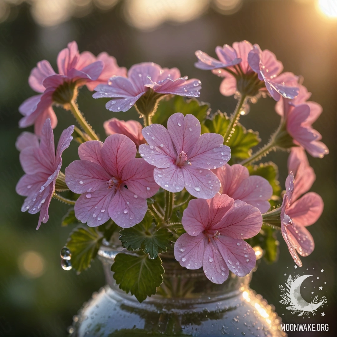 Delicate Geranium in a Vase at Sunset A vase holding a sweet geranium adorned with dew drops at sunset.