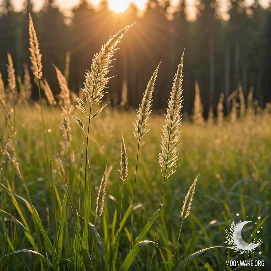 Delicate Grass at Sunset Close-up of sweet grass in a bokeh forest during sunset.