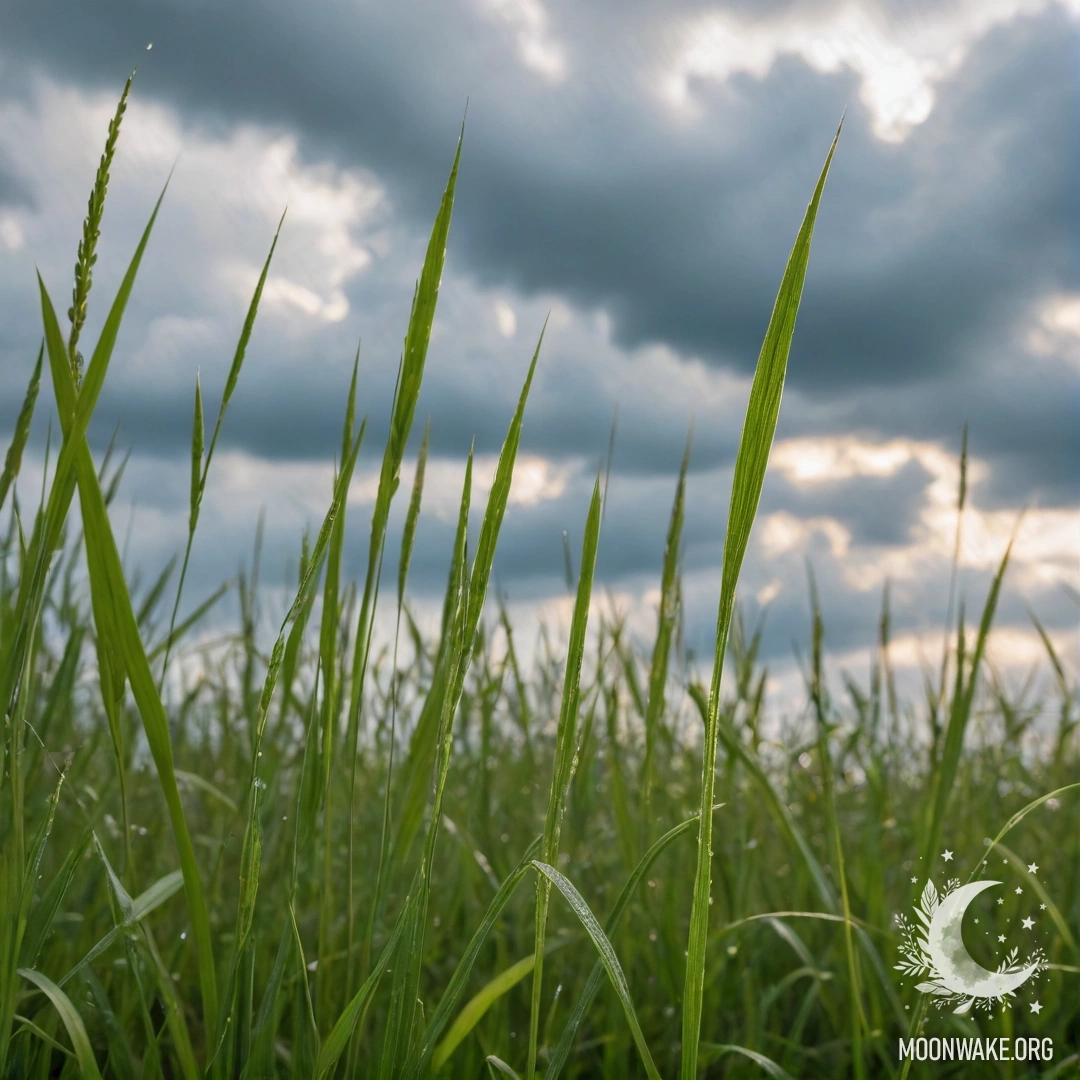 Delicate Grass in a Bokeh Sky Close-up of sweet field grass against a soft bokeh sky with clouds and rain.
