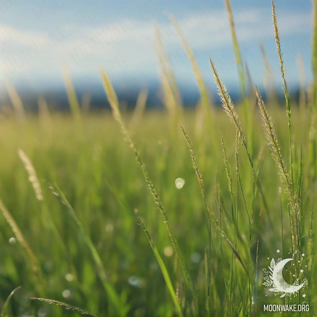 Close-up of grass in a sunny field with a blurred sky in the background.