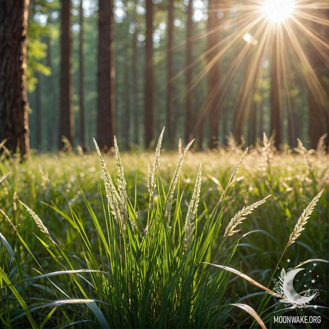 Close-up of sweet field grass with a blurred forest background and sun rays shining through trees.