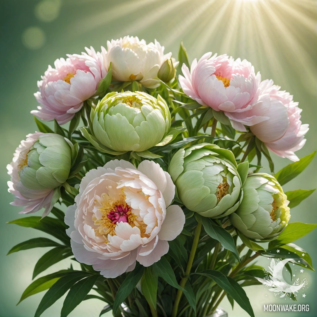 A bouquet of green peonies illuminated by sunlight, exuding a gentle beauty.