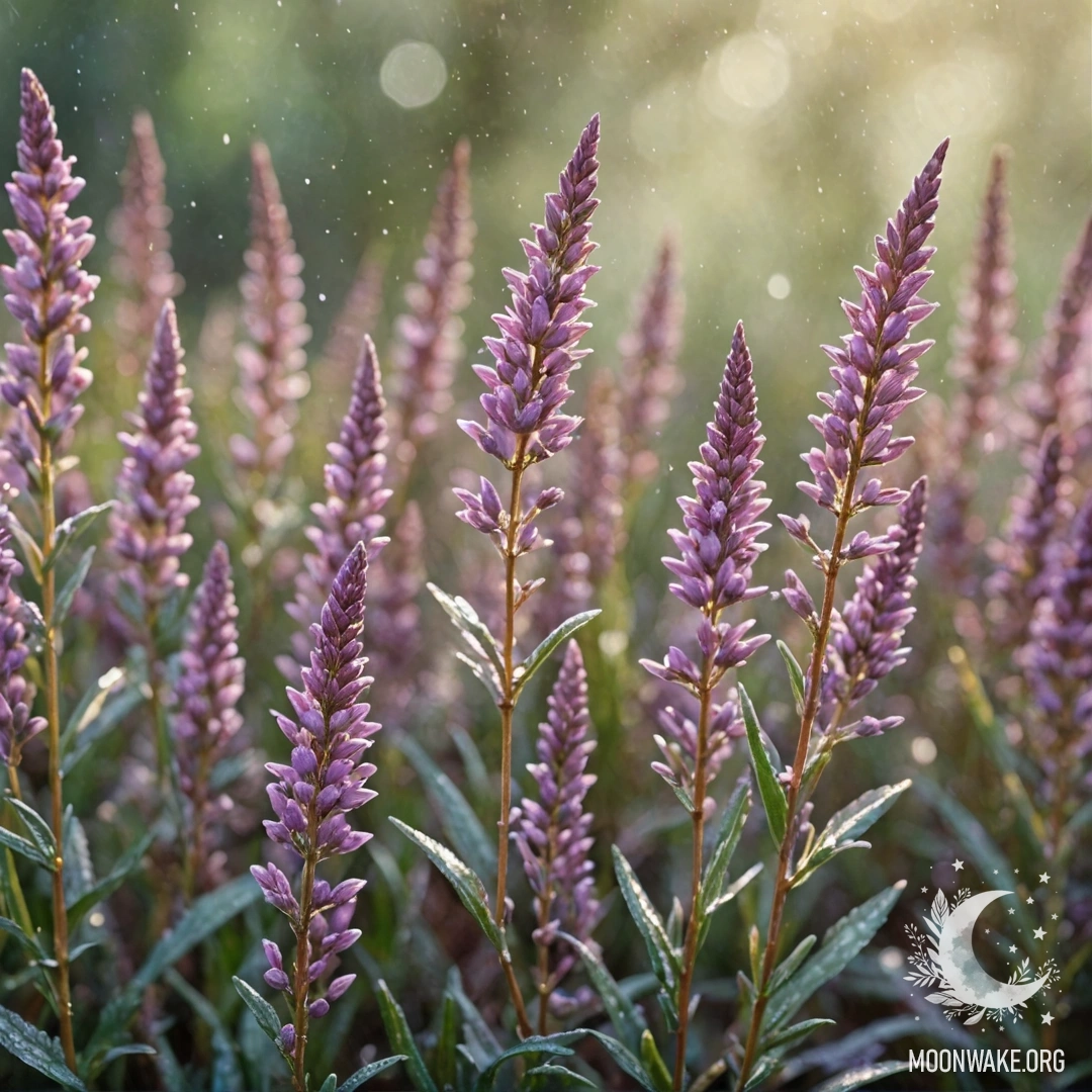 Delicate Heather with Dew Drops A watercolor painting of sweet heather adorned with dew drops under sunny rays, in pastel colors.