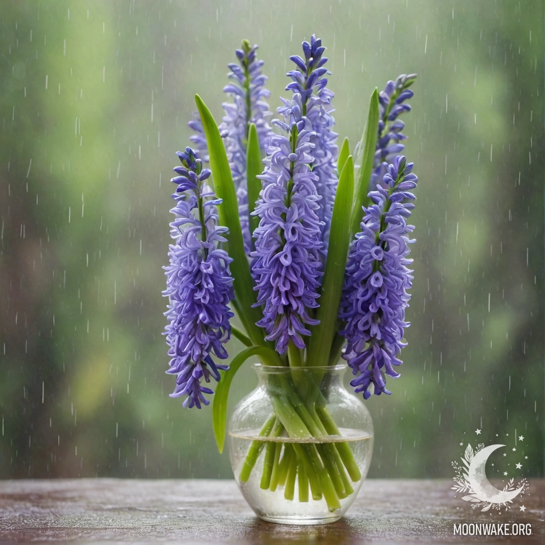 A lime-colored hyacinth in a vase, surrounded by mist and gentle rain.