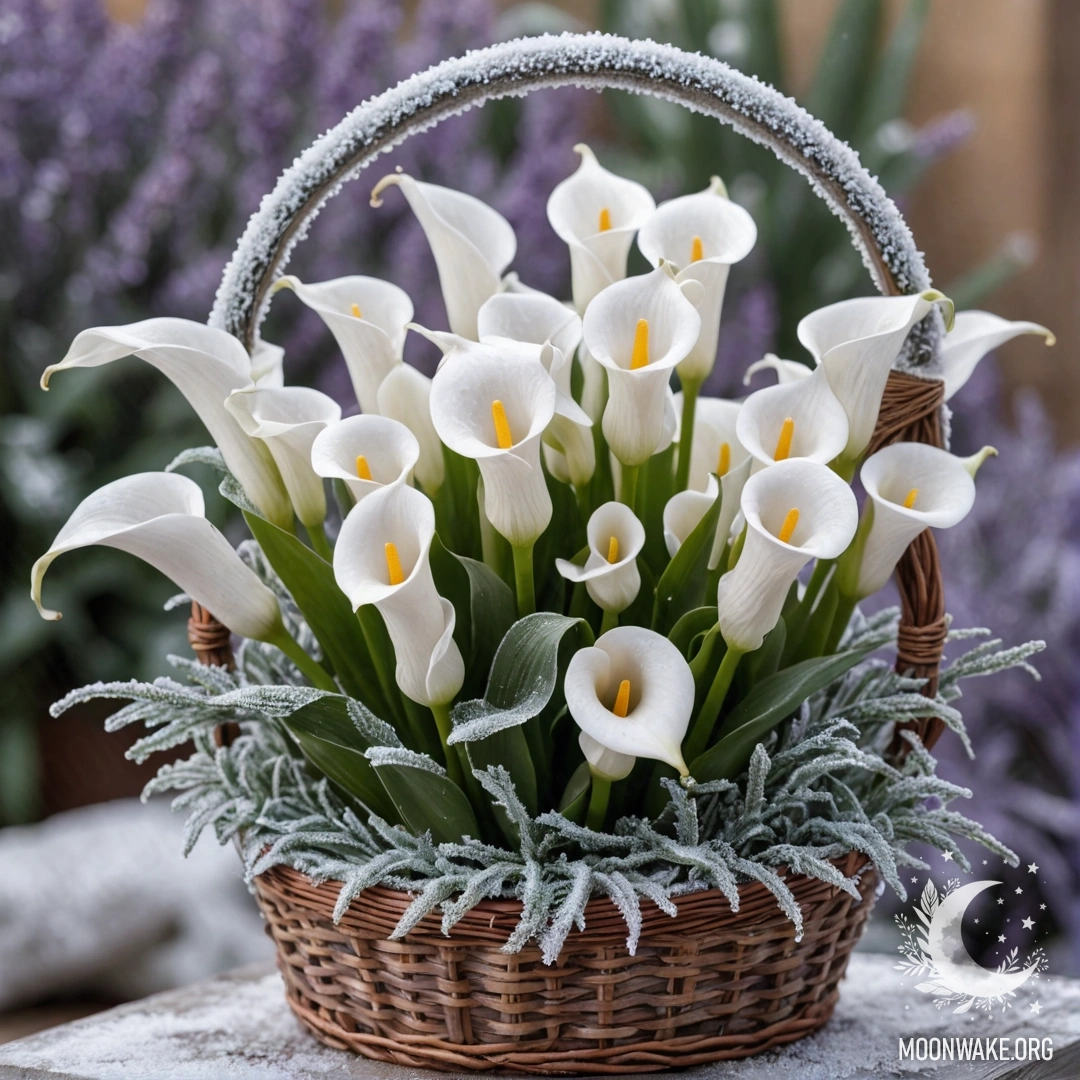 A basket filled with lavender calla lilies resting in frost