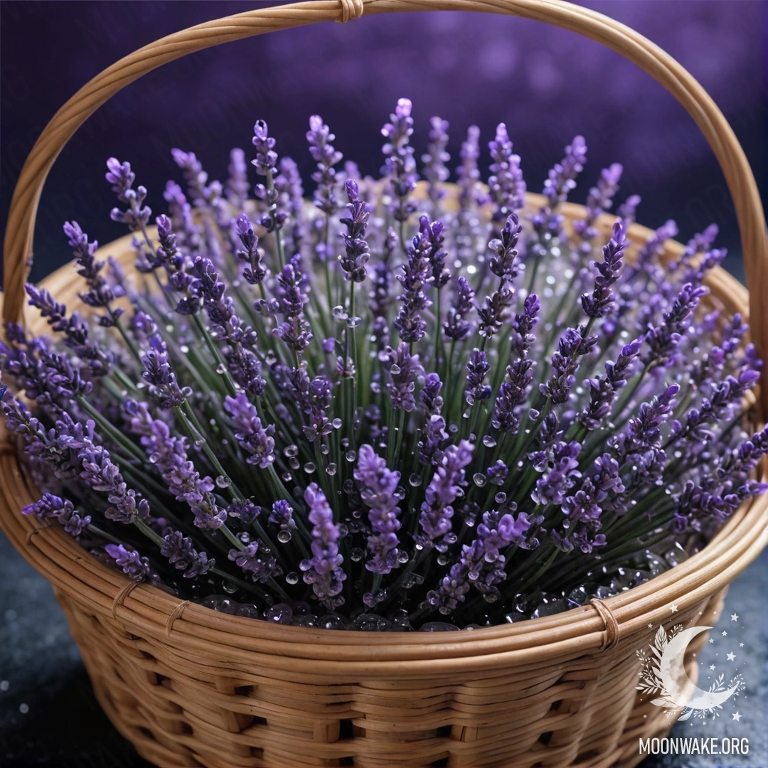Basket filled with lavender flowers adorned with dew drops at night.