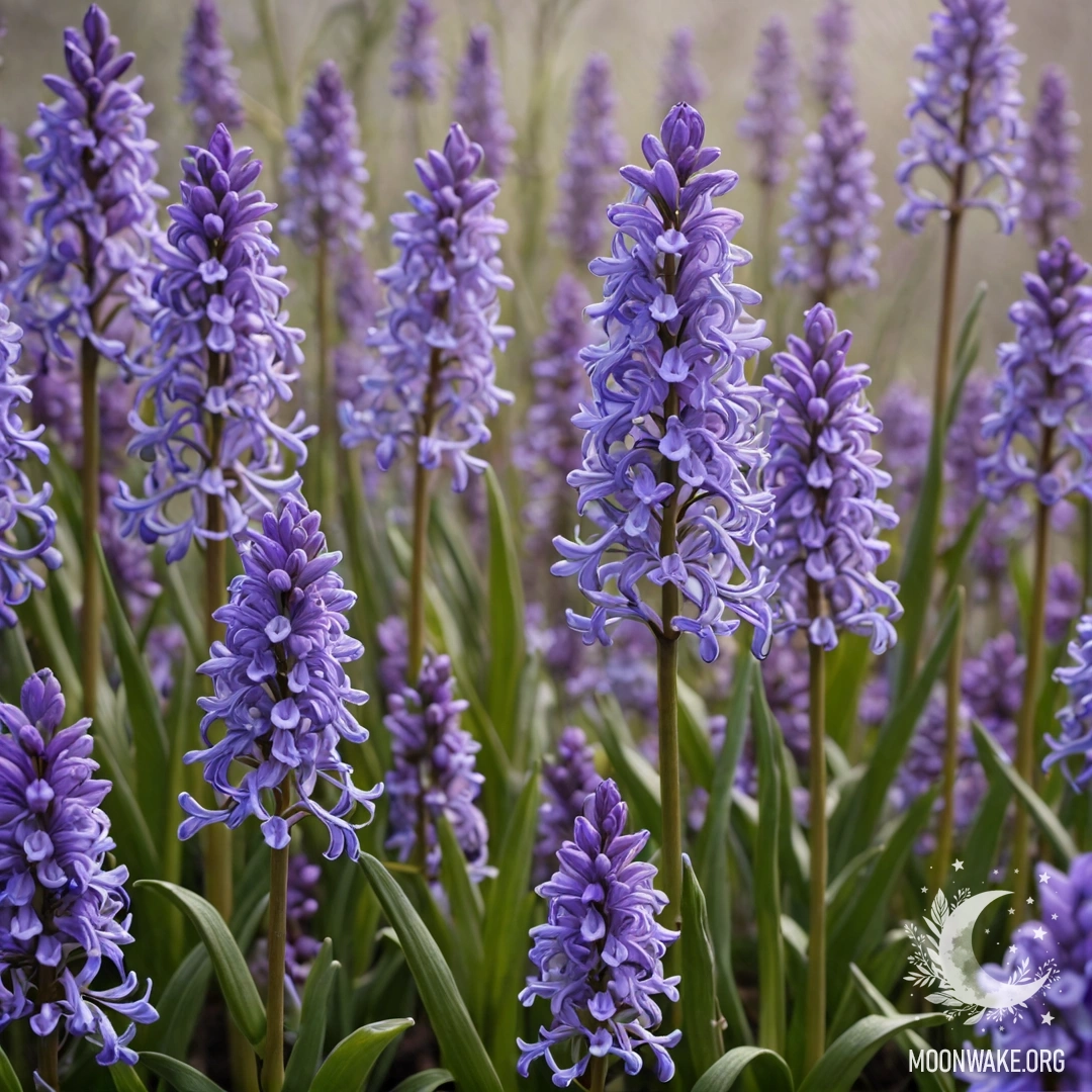 A lavender hyacinth surrounded by mist with Art Nouveau patterns.
