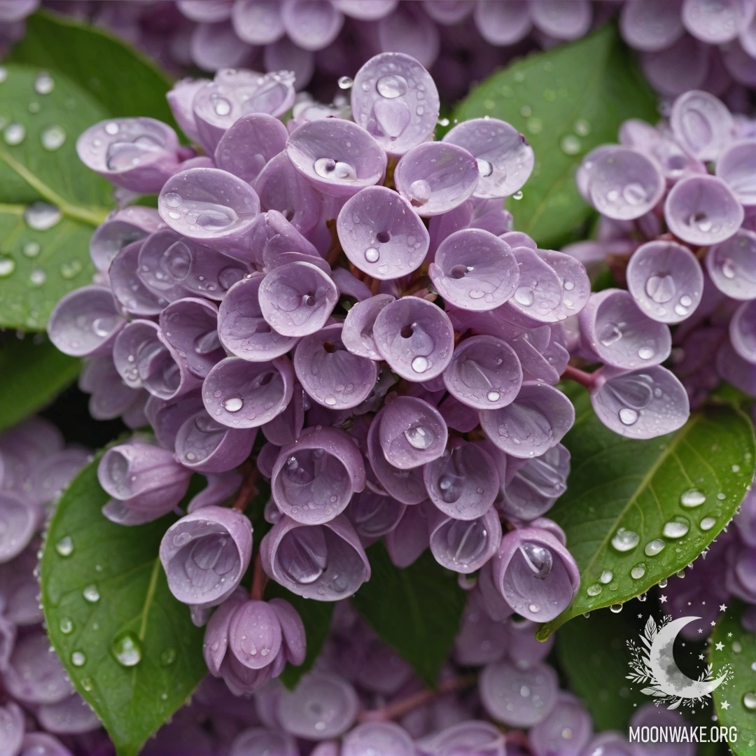 A digital painting showcasing a beautiful lilac flower with dew drops on vibrant green patterns.