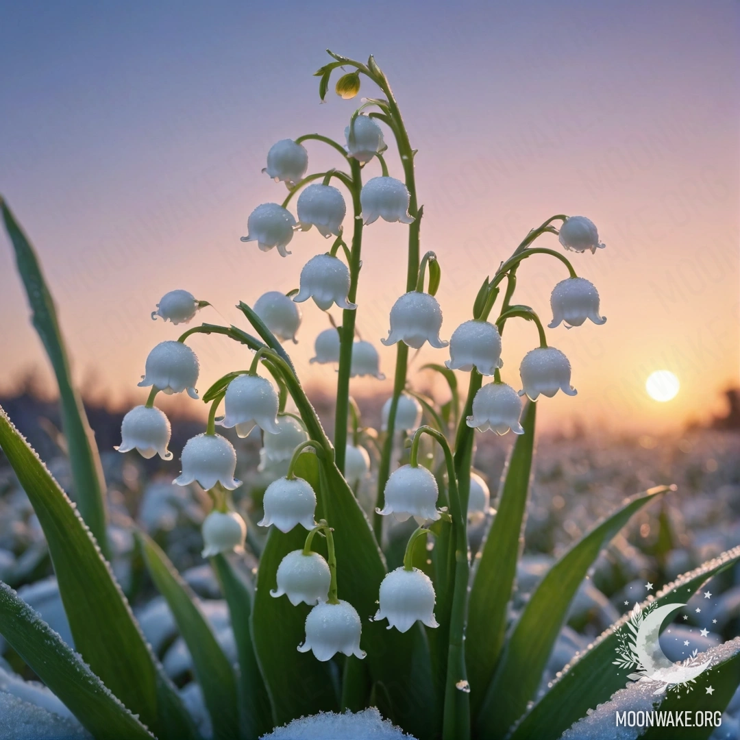 Delicate Lily of the Valley in Frosty Sunset A delicate lily of the valley covered in frost, set against a pastel sunset background.