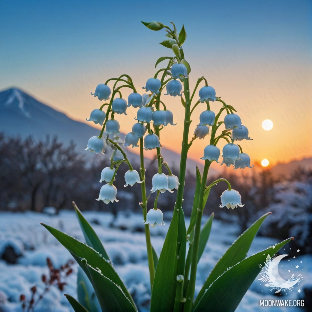A close-up of sweet lily of the valley covered in frost against a blue sunset background.