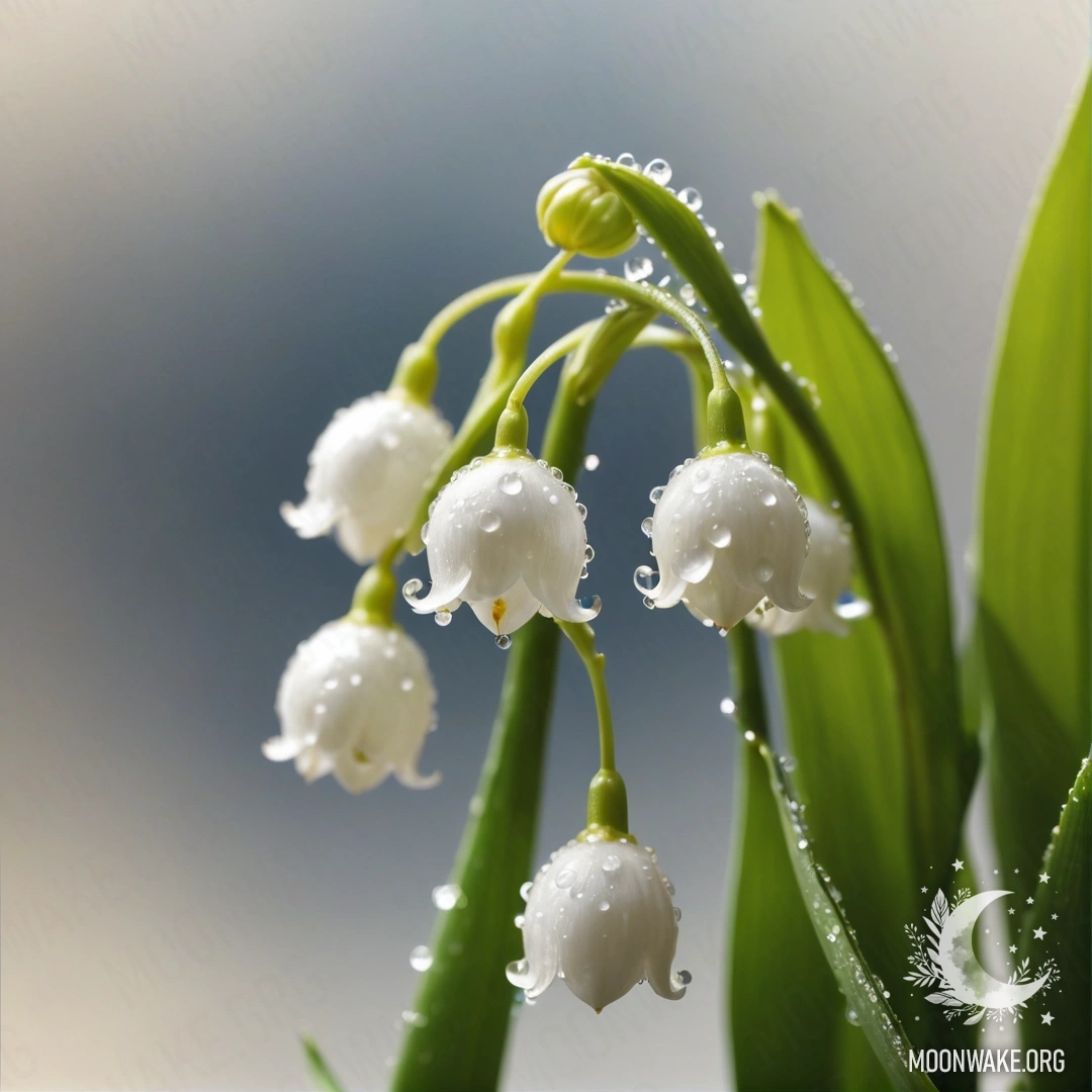 Delicate Lily of the Valley with Dew Drops A close-up of lily of the valley flowers adorned with dew drops against a creamy yellow background illuminated by sunny rays.