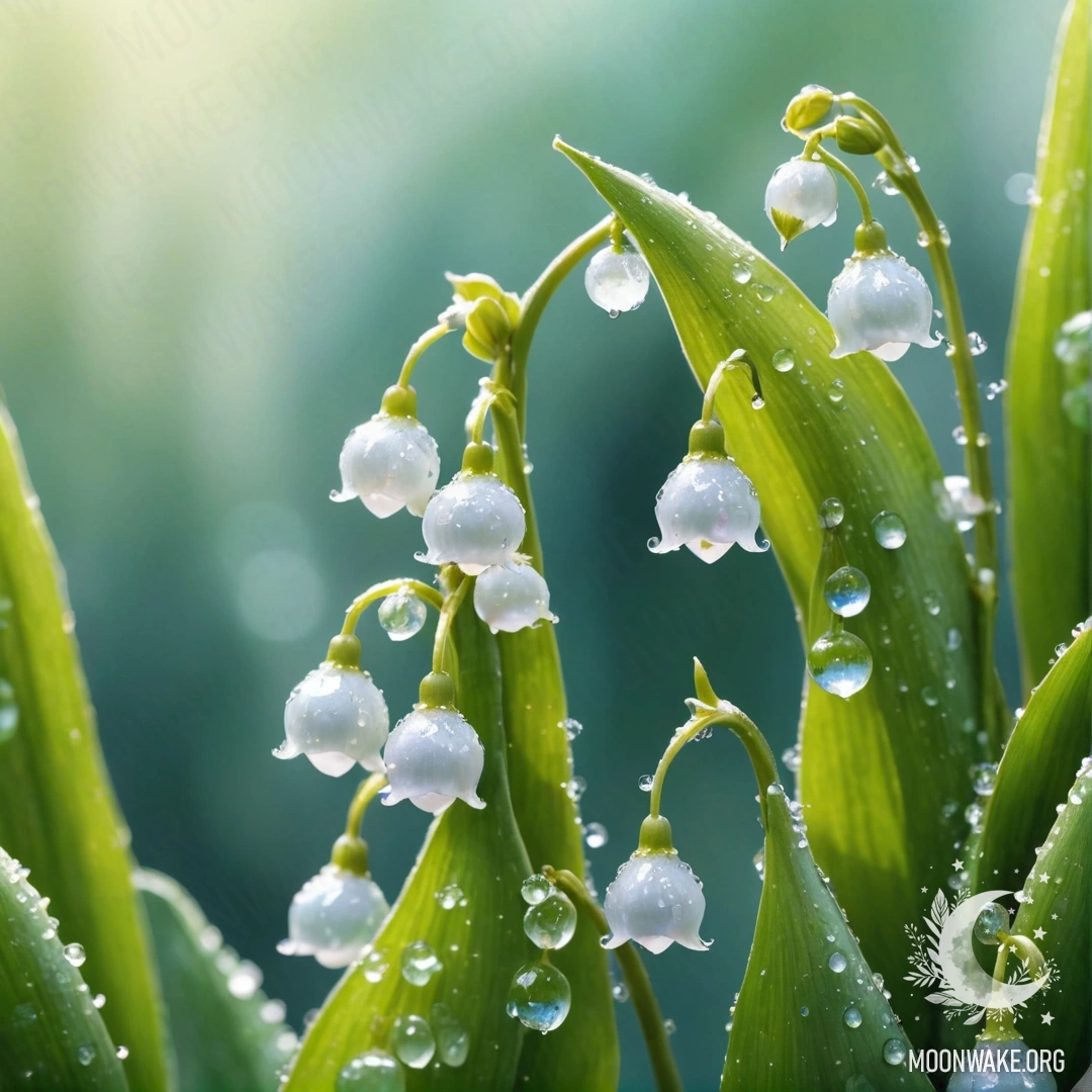 Delicate Lily of the Valley with Dew A watercolor painting of lily of the valley with dew drops and shiny rhinestones, in greenish-blue colors.