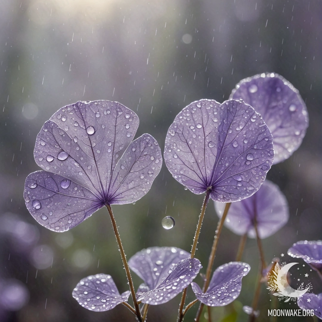 A soft lavender lunaria blooming in the mist, illuminated by sunlight and rain.