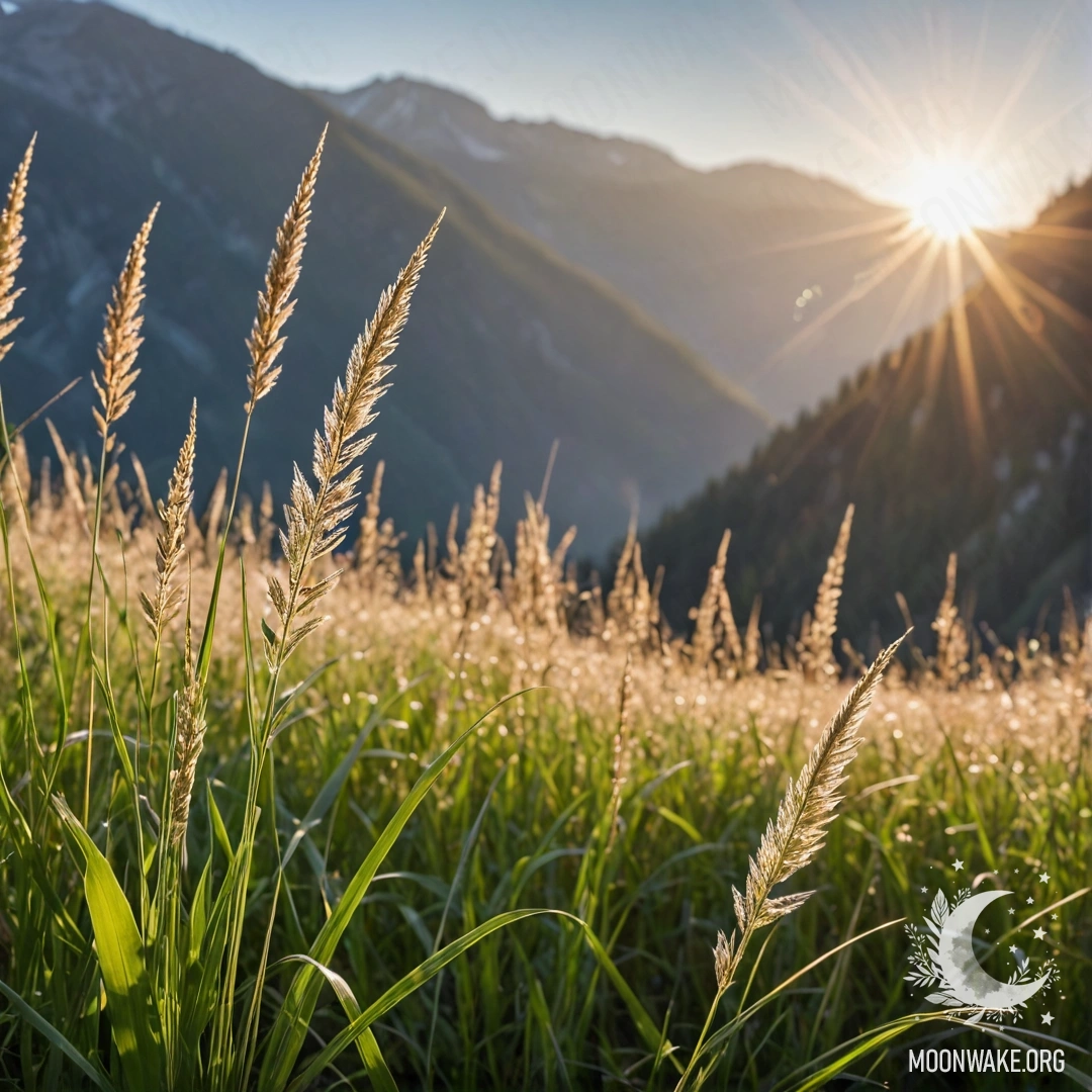 Close-up of sweet field grass in front of blurred mountains.