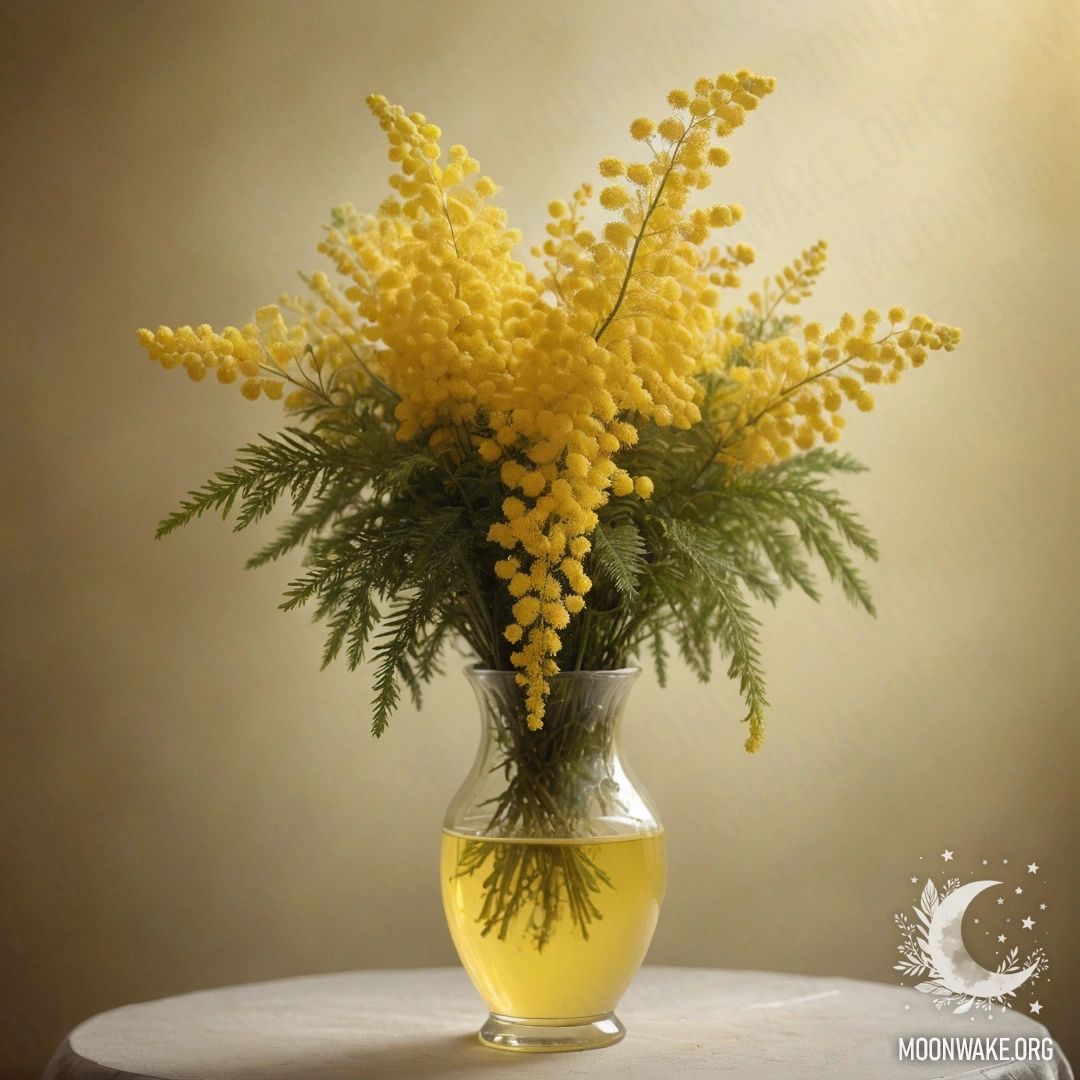 A delicate cream yellow mimosa in a foggy vase.