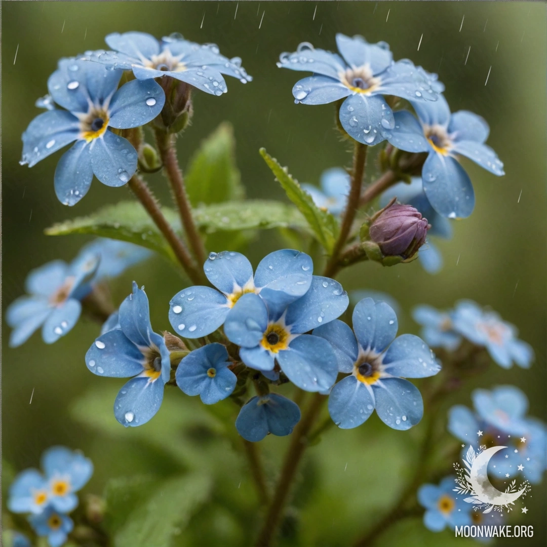 A background of mint-colored forget-me-nots blooming under gentle rain.